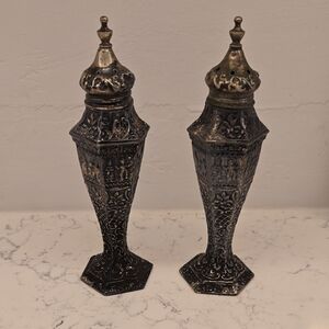 Source Unknown Intricate Black and Silver Shakers